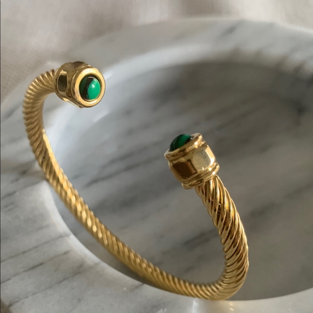 Gold Stainless Steel & Green Open Twisted Cuff Bracelet